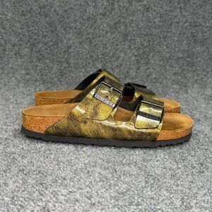 Birkenstock Arizona Sandals Women's 7 Black Gold Slip On Slide Buckle Flip Flops